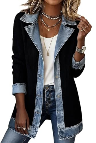 LIEROLYE Chemise en Jean Patchwork for Femmes, Chemisier Boutonné À Manches Longues Et Col en V for L'automne Décontracté(Black,XL)