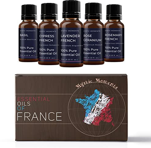 Mystic Moments | Essential Oils of France Essential Oil Gift Starter Pack 5x10ml | Basil Cypress, French Lavender, French Rose Geranium, Rosemary French | Perfect as a Gift