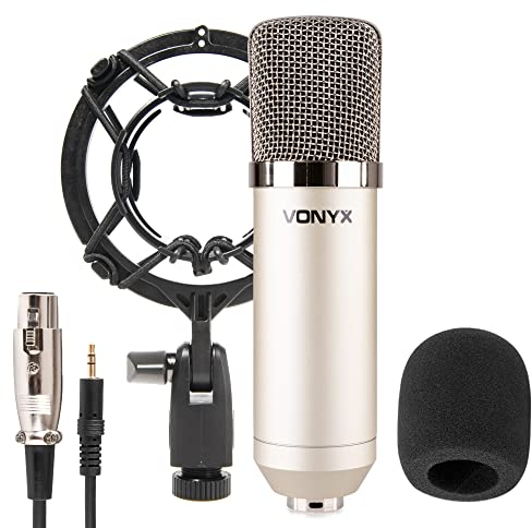Vonyx CM400 Studio Mikrofon Gaming Mikrofon PC Gaming Mic Streaming Mikrofon mit Stoßdämpfer Halterung, XLR auf 3,5mm Klinke und Popschutz, Kondensator Mikrofon, Podcast Mikrofon, Silber