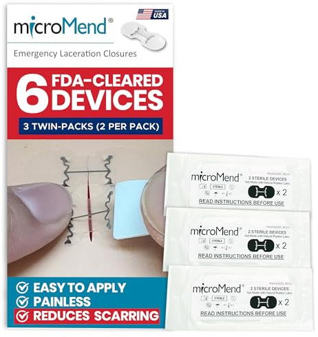 microMend Emergency Wound Closures - Surgical-Grade Laceration Repair Without Stitches | Skin Closure Alternative to Butterfly Bandages | First Aid Kit Essential (6 Medium Wound Closure Devices)