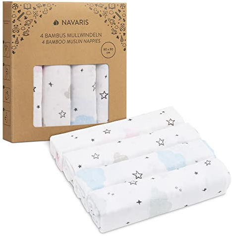 Navaris Baby Mullwindel Set - 4x Mulltuch zum Stillen Pucken Wickeln - 80x80cm Pucktuch Spucktuch - Stilltuch aus Viskose und Baumwolle - weiß blau