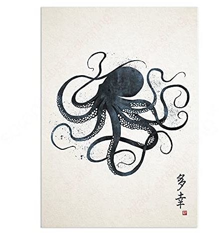Strand Clothing Japanese Octopus Calligraphy Art Print Poster - Woodblock Ukiyo-e Wall Art (A2 Unframed)