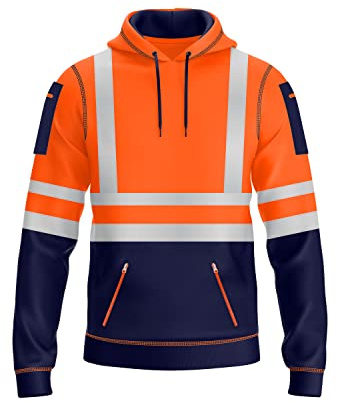 NOROZE Mens Hi Vis Hoodie with Reflective Tape, Pullover High Vis Hoodie for Safety Workwear– 4 Utility Zipped Pockets, Work Hoodies for Men, High Visibility Hooded