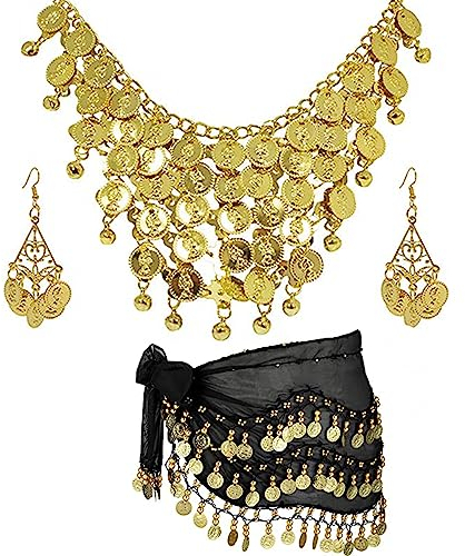 HJYZY 3 stycken magdans höftduk för kvinnor magdans guld paljetter huvud kedja mynt halsband örhängen klassiska danstillbehör, Metall