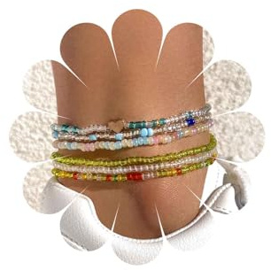 Wendalern Pulseras de tobillo con cuentas Tobilleras de cuentas de semillas multicolores Cadena de tobillo con forma de corazón elástica para la playa Joyería para pies para mujeres y niñas (7 piezas)