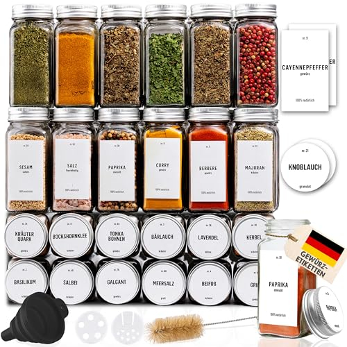 Deco haus® Gewürzgläser eckig luftdicht 36er Set [inkl. Etiketten & Streueinsatz] - Gewürzdosen Set Glas - Gewürzbehälter Spice Jars - Gewürze Aufbewahrung - Gewürz Organizer - Gewürzaufbewahrung