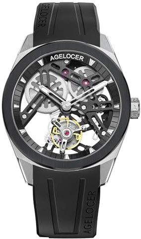 AGELOCER Tourbillon Watches Men, Original Ceramic Bezel Luxury Skeleton Manual Mechanical Watch, Waterproof Sport Watchs, Luminous Reading, Gift