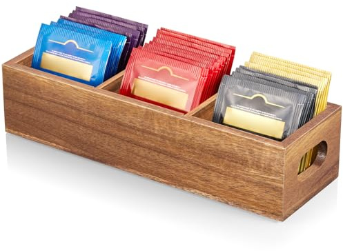 DRASTAR Tea Bag Organizer, Acacia Tea Bag Holder, Tea Storage Containers with 3 Slots, Wooden Tea Storage Accessories, Mini Tea Bag Caddy Box for Countertop