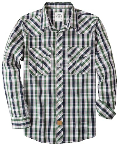 Dubinik® Pärla snäpp-skjortor för män, långärmad västerländsk skjorta för män, vintage, vardaglig, rutig cowboy landsknapp, Mörkgrön, XL