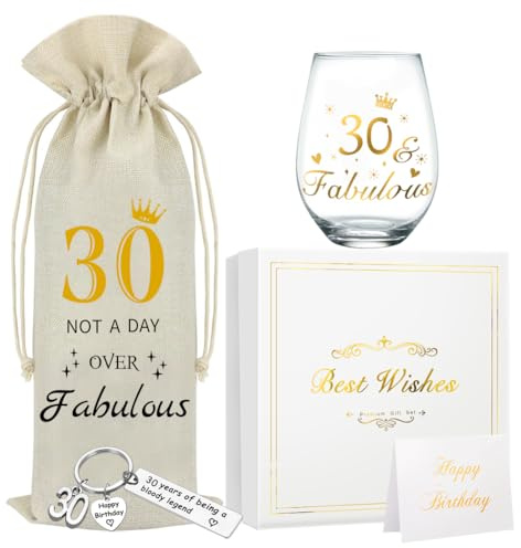 DEARLIVES Copas de vino de 30 cumpleaños, regalos personalizados de 30 años, regalos de copa de vino dorada, bolsas de botellas de 17 onzas