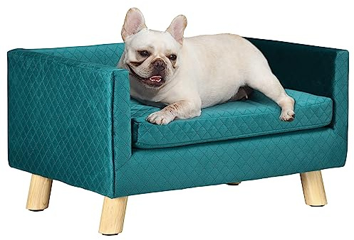 PawHut Divano per Cani e Gatti con Design Scandinavo e Cuscino Imbottito, Cuccia per Animali da Interno in Velluto e Legno, 64x45x36cm, Blu
