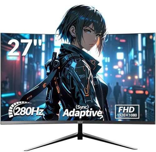 ZZA 27 Inch Gaming Monitor, Computer Monitor Frameless Ultra-Fast 280Hz/240Hz 1ms FHD 1080P,Curved Monitor 1800R|FreeSync|99% sRGB|HDR|Low Blue Light|HDMI DP Ports|VESA Mount|Metal Stand