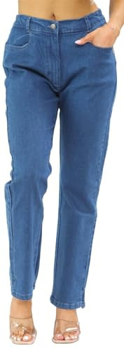 UK Dispatch Womens Side Elastic Waist Jeans Straight Leg Regular Fit Short 27 Leg Petite