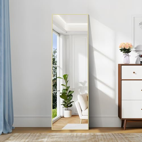 COFENY Specchio da Terra, 147 x 44 cm Specchio da Parete Grande con Cornice in Alluminio, Specchio da Terra da Appoggiare o Appendere per Soggiorno, Camera da letto, Soggiorno, Ingresso, Oro