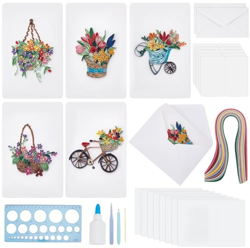 WEBEEDY 20 Sets Paper Quilling Kit for Adult Beginner DIY Flower Basket Themes Quilling Blank Card Kit 5 Styles Flower Basket Greeting Card Making Kit with Instruction for Birthday Halloween Christmas