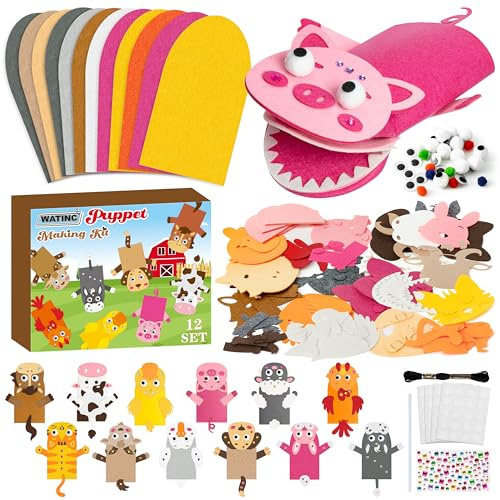 WATINC 12 Pcs Hand Puppet Making Kit, Art Craft Felt Sock Puppet Toys, Creative DIY Make Your Own Pompoms Wiggle Googly Eyes Storytelling Role Play Party Supplies Gift for Girls Boys (Farm Animals)