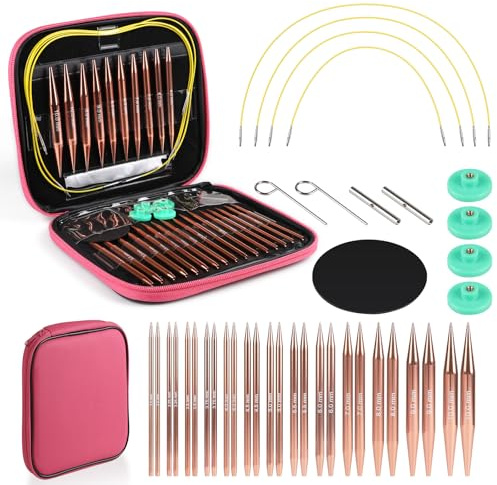 EFUTURETIME 13 Paires Ensemble d'aiguilles à Tricoter Circulaires Interchangeables 3,0-10,0mm, Aiguilles en Métal Glissent Bien avec 33-56cm Câble pour Débutante en Tricot, Cadeau, Or Rose
