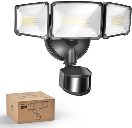 Philips Sécurité lampe LED 24W 3500LM avec Détecteur de Mouvement PIR Extérieur, 5000K Lumière Jour Crépuscule-à-Aube, 3 Têtes Orientables, Étanche pour Garage, Jardin, Porche
