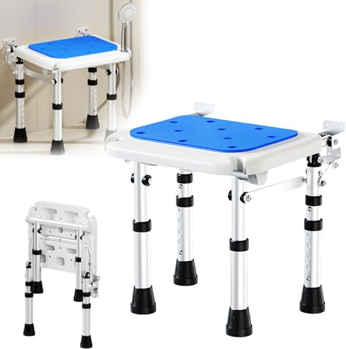 Wall-mounted Folding Shower Seat, Height Adjustable Aluminum Alloy Shower Chair with 4PCS Non-Slip Support Legs & Non-slip Cushion & Shower Head Slot, Suitable for Elderly, Disabled, Pregnant Woman