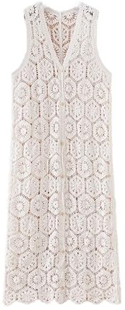 LCDIUDIU Gilet Lungo all'Uncinetto da Donna, Senza Maniche, con Scollo A V, Bottoni, Cardigan con Fiori Geometrici all'Uncinetto, Estivo, Boho Hippie, Gilet Midi, Copricostume, Top Bianco