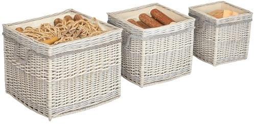 Outsunny Set of 3 Log Baskets for Wood Burner Indoor, Storage Basket with Lining and Rope Handles, Wicker Basket for Fireside Storage, Blankets, Beige