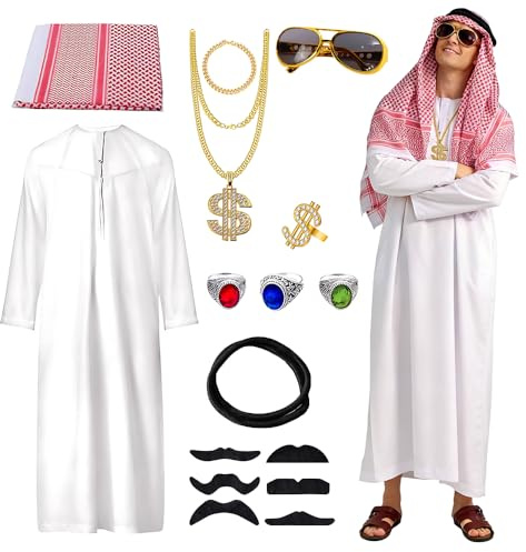 Disfraz Jeque Arabe Hombre, 17 Piezas Arabian Costume Hombre, Conjunto de Disfraz Jeque con Túnica árabe Blanca, Pañuelo,Gafas de Sol y Barba Postiza,Sheikh Traje árabe Disfraz para Carnaval Cosplay