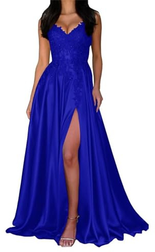 ORRCIGH Vestido de dama de honor con tirantes delgados, apliques de encaje, vestidos de graduación, vestido largo formal de fiesta de noche con abertura WPX020, azul real, 42