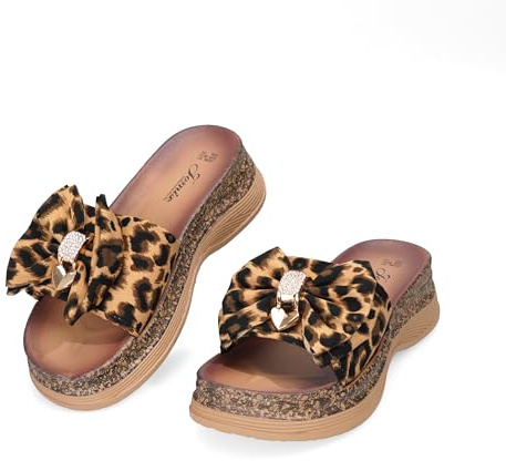 JOMIX Sandalias de Plataforma para Mujer con Lazo Decorativo Chanclas de Verano con Strass Zapatillas de Casa con Estampado de Leopardo
