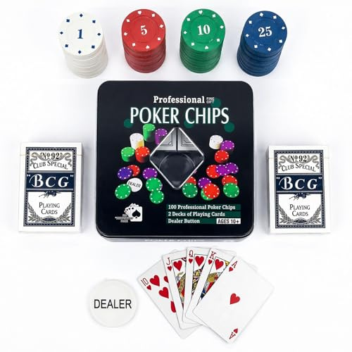 Komplett Pokerset. Texas Holdem Pokerset Portabelt. Poker Set med 100 Chips i Metallbox, 2 Kortlekar och Dealerknapp för Hemmet, Fester och Samlingar