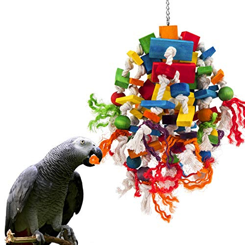 Large Parrot Toy - Multicolored Natural Wood Blocks Tearing Toys for Birds Suggested for African Grey, Macaw and Amazon Parrots