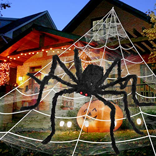 EZIGO 212'' Triangular Huge Halloween Spider Web 49 Giant Fake Spider for Outdoor Halloween Decorations with Stretch Cobweb, halloween Party Supplies for Indoor Home Yard Haunted House Décor