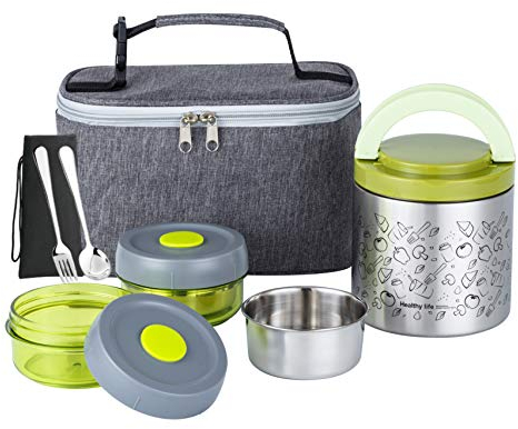 Lille Home Lunch Box Set 1065ml, una caja bento/bocadillo aislada de vacío que mantiene la comida caliente, con 2 recipientes de alimentos sin BPA, bolsa de almuerzo, juego de cubiertos