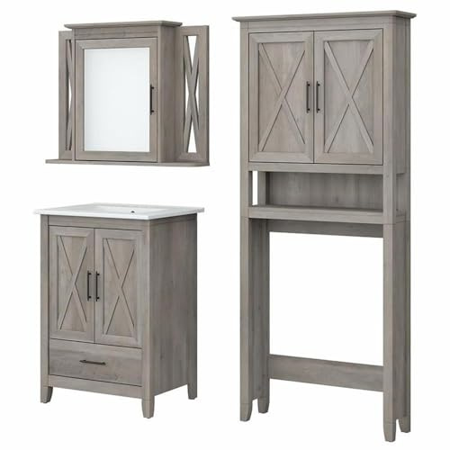 Bush Home Key West 24W Bathroom Vanity Sink with Mirror and Over The Toilet Storage Cabinet in Driftwood Gray