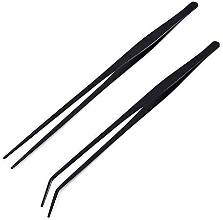 2 Pack Aquarium Forceps, 15 inch Long Handle Aquarium Tweezers Stainless Steel Straight and Curved Tweezers Set for Fish Tank Aquatic Plants Long Handle Reptile Feeding Tongs, Black