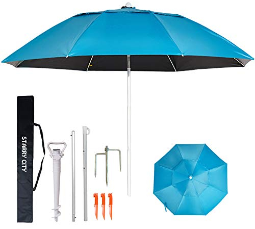 STARRY CITY Strandschirme,großer Sonnenschutz, tragbar, winddicht, 3 Glieder, Design mit Sandanker, für Garten, Strand, Outdoor (Blau)