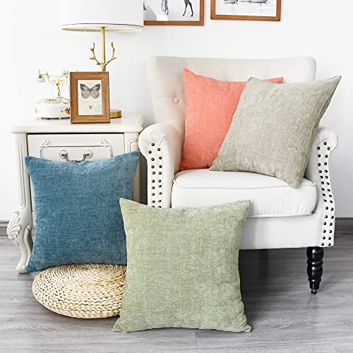 CaliTime Kissenbezüge, modern, Mehrfarbig, gemütlich, weiche Chenille-Kissenbezüge, Muscheln für Couch, Sofa, Heimdekoration, 45 x 45 cm, Taupe, Rauchblau, Cantaloupe Salbei, 4 Stück