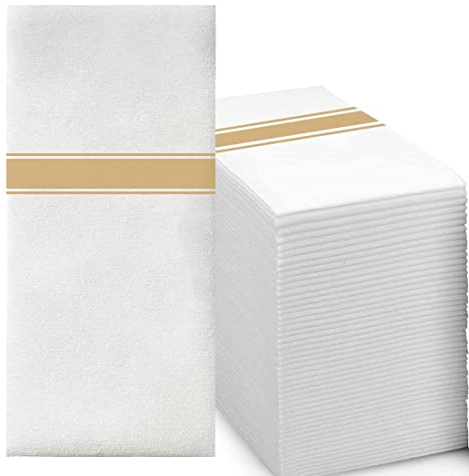 KMAKII Disposable Guest Towels, Linen Feel Hand Towels, Cloth-Like Paper Napkins,White Napkins,Soft, Durable, Absorbent Paper Hand Towel for Kitchen, Parties, Bathroom, Restaurant (Gold,50)
