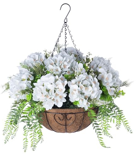 Ammyoo Artificial Flowers in Hanging Basket Planter for Home Spring Summer Decoration, Silk Hydrangea Outdoor Indoor Arrangements, 12 Metal Coconut Lining Basket with Faux Plant(Light Green)