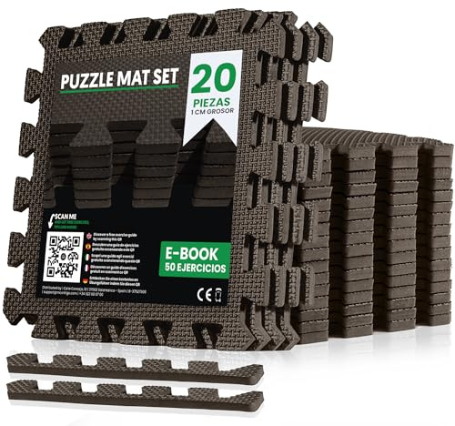 unycos - Esterilla Fitness Puzzle para Suelo de Gimnasio【30x30x1 cm】 Set de Protección de Espuma EVA, 20 Piezas, Alfombra Expandible, Tatami para Pisos | Impermeable, No Tóxica (Marrón I 1,80 m²)