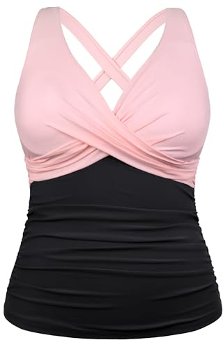 Hilor Women Plus Size Swimsuits for Women Underwire Push Up Tankini Tops Best Tummy Control Swimwear Top Only Pink&Black 20