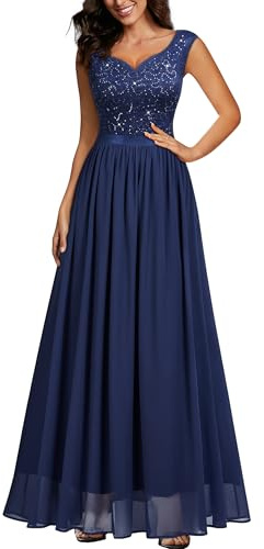 MIUSOL Women's Double V Neck Sequin Lace Chiffon Evening Prom Party Wedding Maxi Dress (Medium, Navy Blue)
