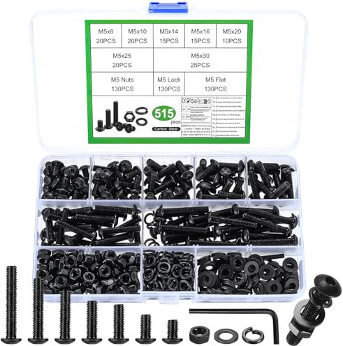 515 Pcs M5 Bolts and Nuts Set, Nuts and Bolts Set, Black Hex Socket Button Head Cap Screws with Washers, Assorted Pan Head Screws (M5)