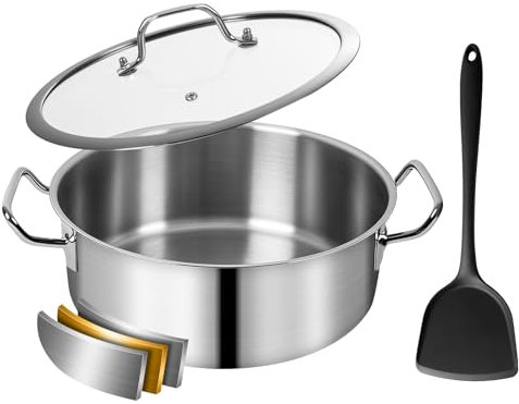 Padella non rivestita, bordo alto 28 cm, con coperchio e spatola, padella in acciaio inox, adatta al forno fino a 500°, adatta a piani cottura a gas, 5 l