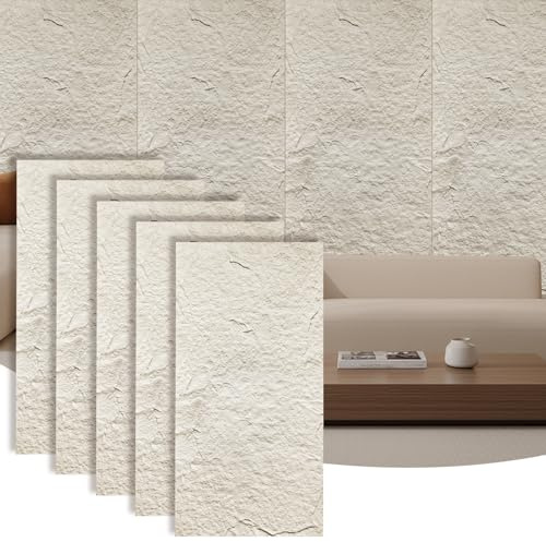 Artbrix 5-Pack 3D Faux Stone Wall Panels, PU Cement-Texture Wainscoting Panels for Interior Walls – Waterproof & Lightweight, Covers 38.7 Sq.Ft, 47.2 x 23.6, for TV Wall, Office, Living Room,White