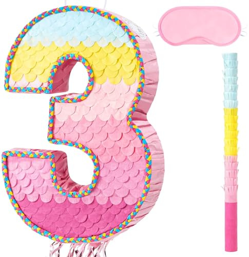 WERNNSAI Piñata rosa número 3 – Decoración de 3er cumpleaños, piñata con números arcoíris con venda para los ojos y palo para niños, fiesta de 3er cumpleaños, suministros de decoración de aniversario