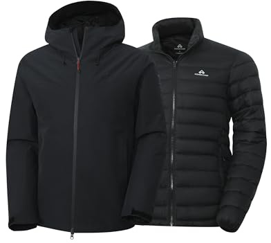 Pioneer Camp Giacca impermeabile da uomo 3 in 1, impermeabile con fodera in piuma, berretto regolabile, orlo e polsini, adatto per attività all'aperto, Nero , XL