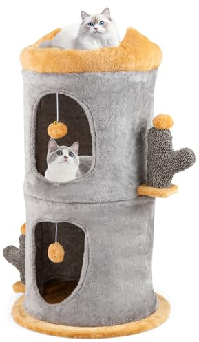 GOPLUS Tonneau Griffoir Chat à 3 Étages, Ø 48 x 83 CM,Tonneau à Gratter avec Perchoir en Peluche, Niches Rembourrées, 2 Balle de Jeu Suspendue, 2 Grottes, 2 Poteaux en Forme de Cactus, d'Intérieur