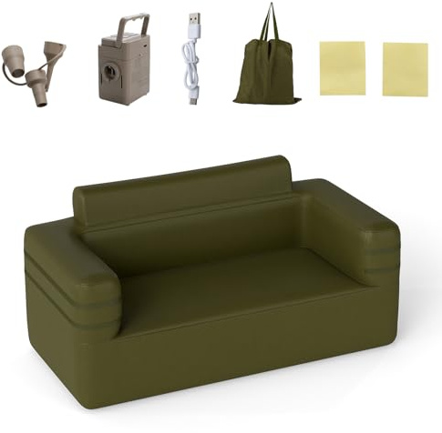 GOPLUS Sofá Hinchable Simple de Tejido Oxford, Sillón Portátil con Bomba de Aire Integrada, 3 Boquillas, Bolsillo, Silla de Camping para Interior y Exterior, Carga 150 KG (176 x 84 x 81 cm)