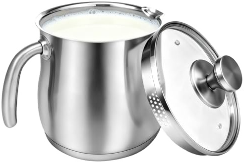Olla para leche de inducción de 14 cm, con tapa de cristal, 2L 304, olla de acero inoxidable con asa, orificio de vapor y vertedor, olla de tres capas para inducción, olla universal para todo tipo de