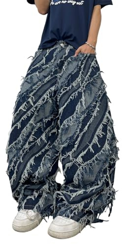 DFGIGT Men's Wide Leg Baggy Jeans Vintage Patchwork Denim Pants Y2K Streetwear Distressed Jeans Oversized Casual Loose Trousers 2000s Relaxed Fit Skater Skateboard,E12 Blue,Small